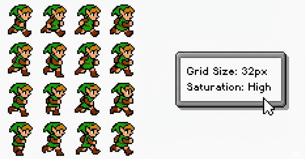 Pixelator use case: A classic 8-bit sprite sheet showing character animation, highlighting the recommended Pixelator settings (Grid Size: 32px, Saturation: High) for generating retro game assets.