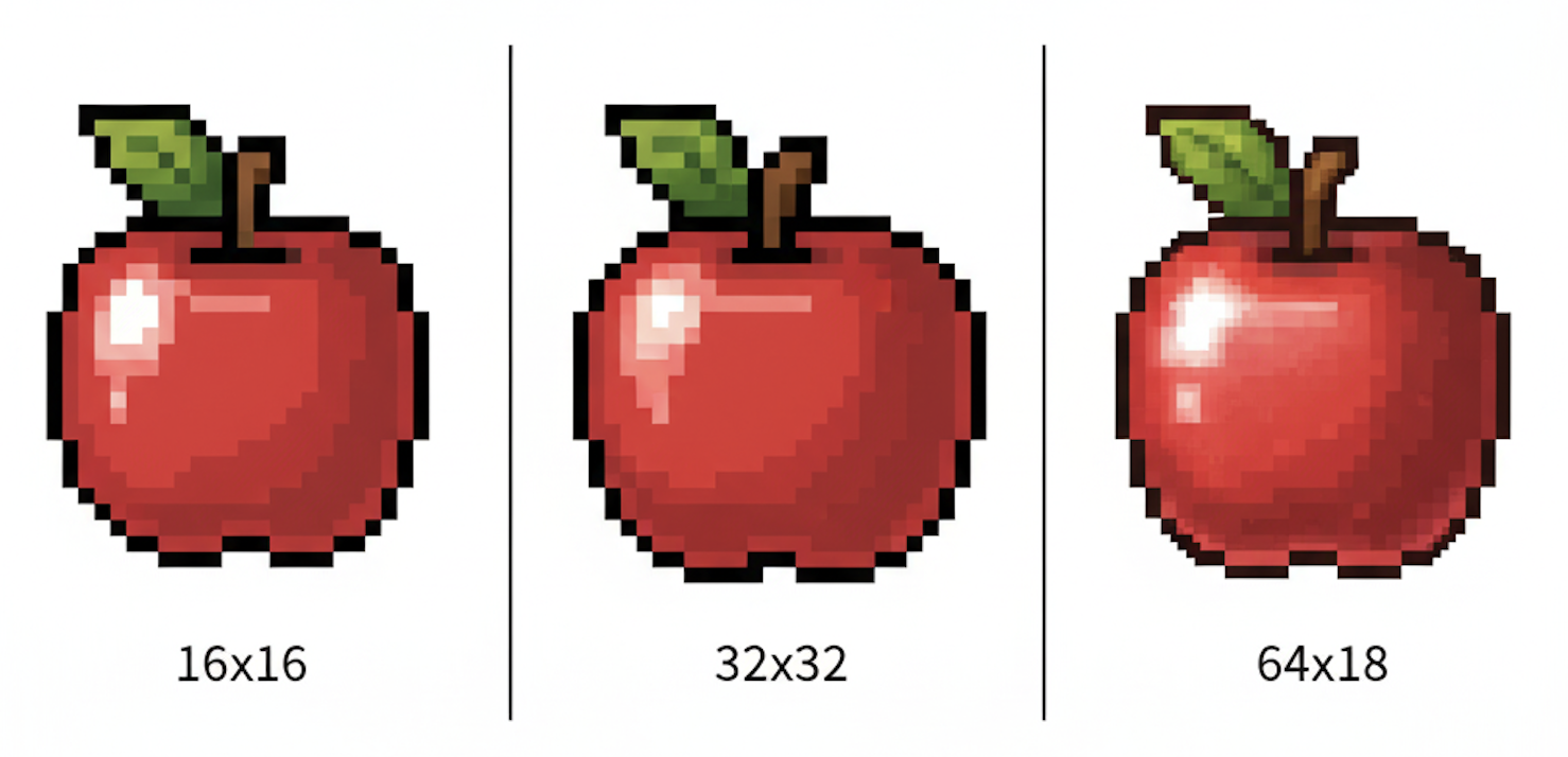 Pixel Art Grid Size Comparison - 16x16, 32x32, 64x64 Examples