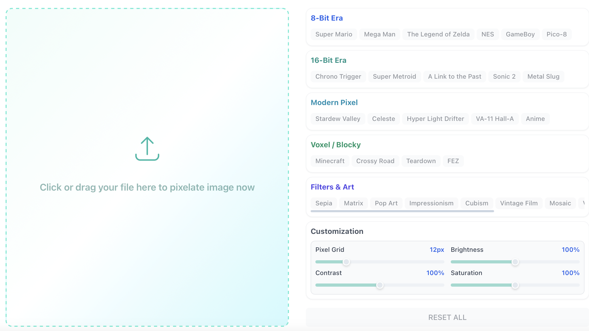 Image2Pixel Tool Interface - Free online pixel art converter for retro 8-bit style