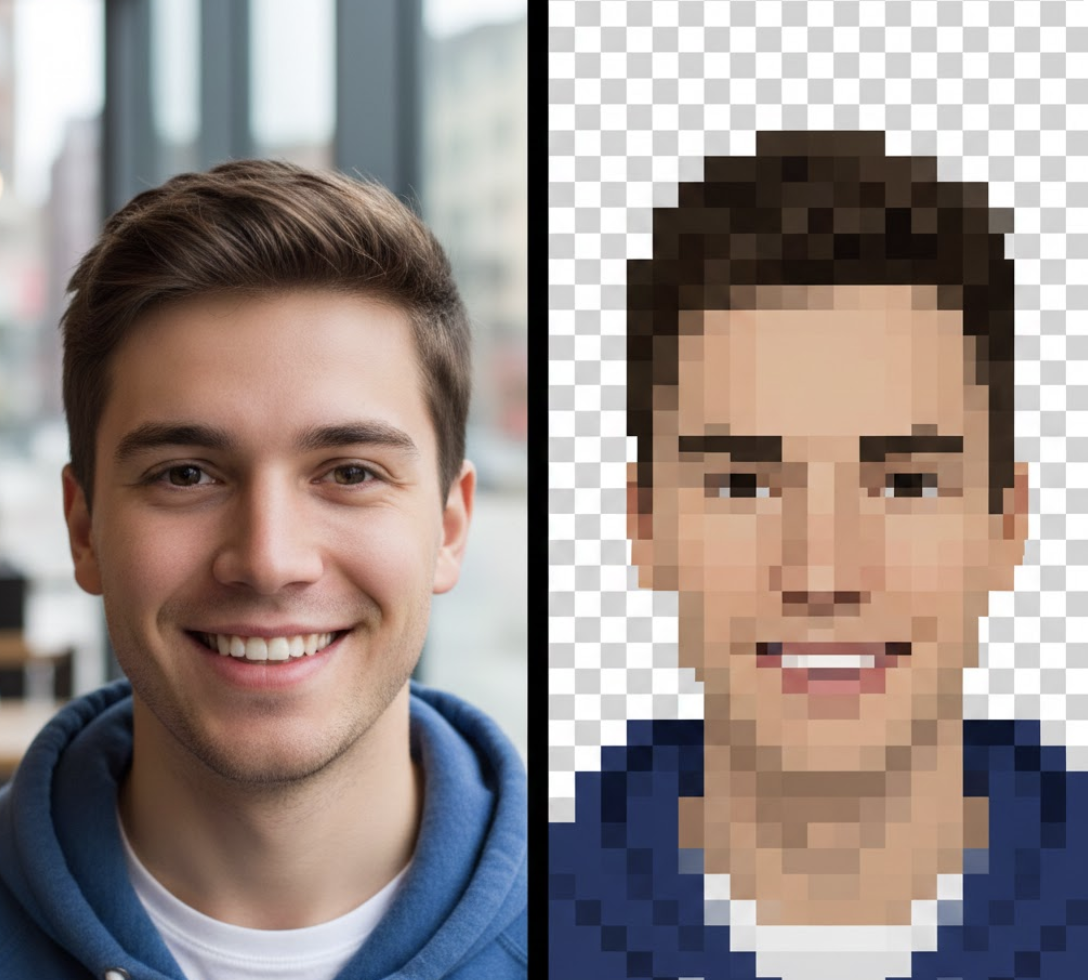 Side-by-side comparison of a regular selfie and the blocky Minecraft Steve style portrait created using the free online Pixelator tool.