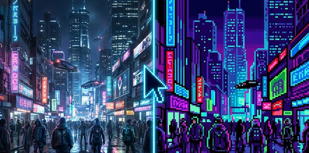 Image to Pixelator transformation comparison showing a high-res cyberpunk city vs. the 16-bit pixel art style result. Drag the slider to see the effect of the online pixelator.