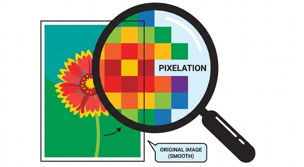 Educational illustration demonstrating how a Pixelator works: a magnifying glass shows the transformation of a smooth flower photo into a defined pixel art grid.